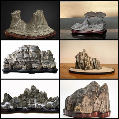 A collage of six naturally shaped  scholar stones on wooden bases called Diaza.