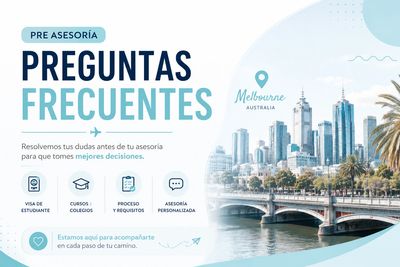 Cartel informativo sobre preguntas frecuentes para asesoría en Melbourne, Australia.