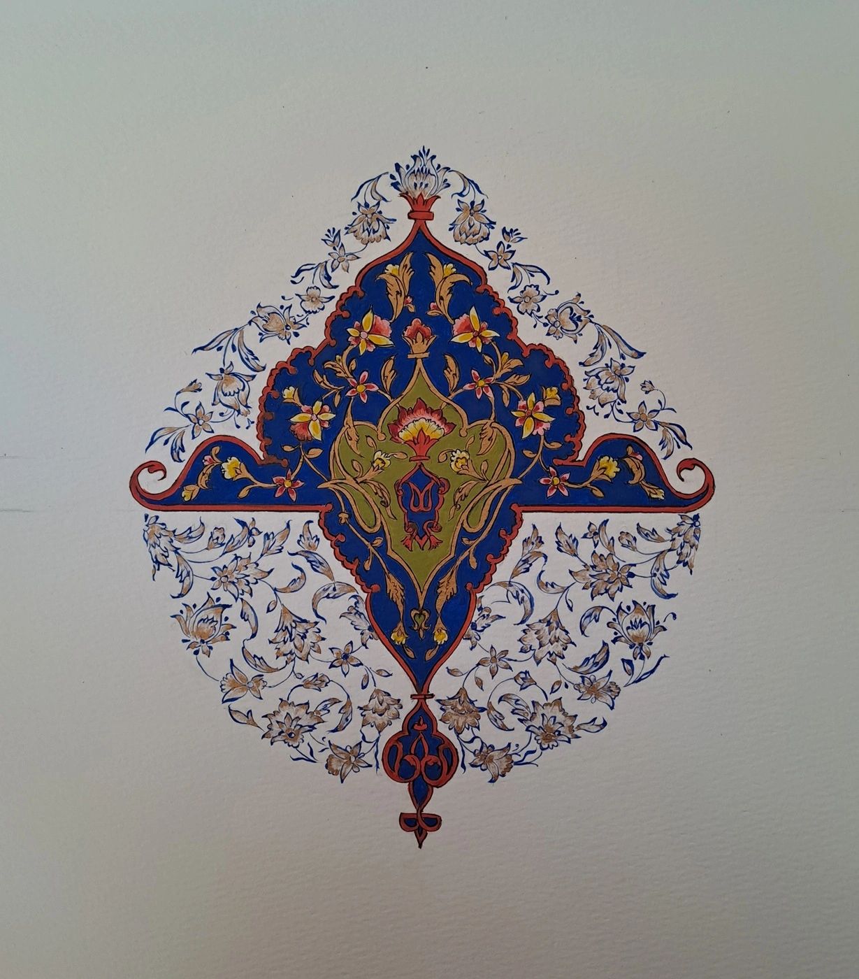The Azure Garden, a Persian Tazhib artwork in deep blue and gold with floral ornamentation. 
