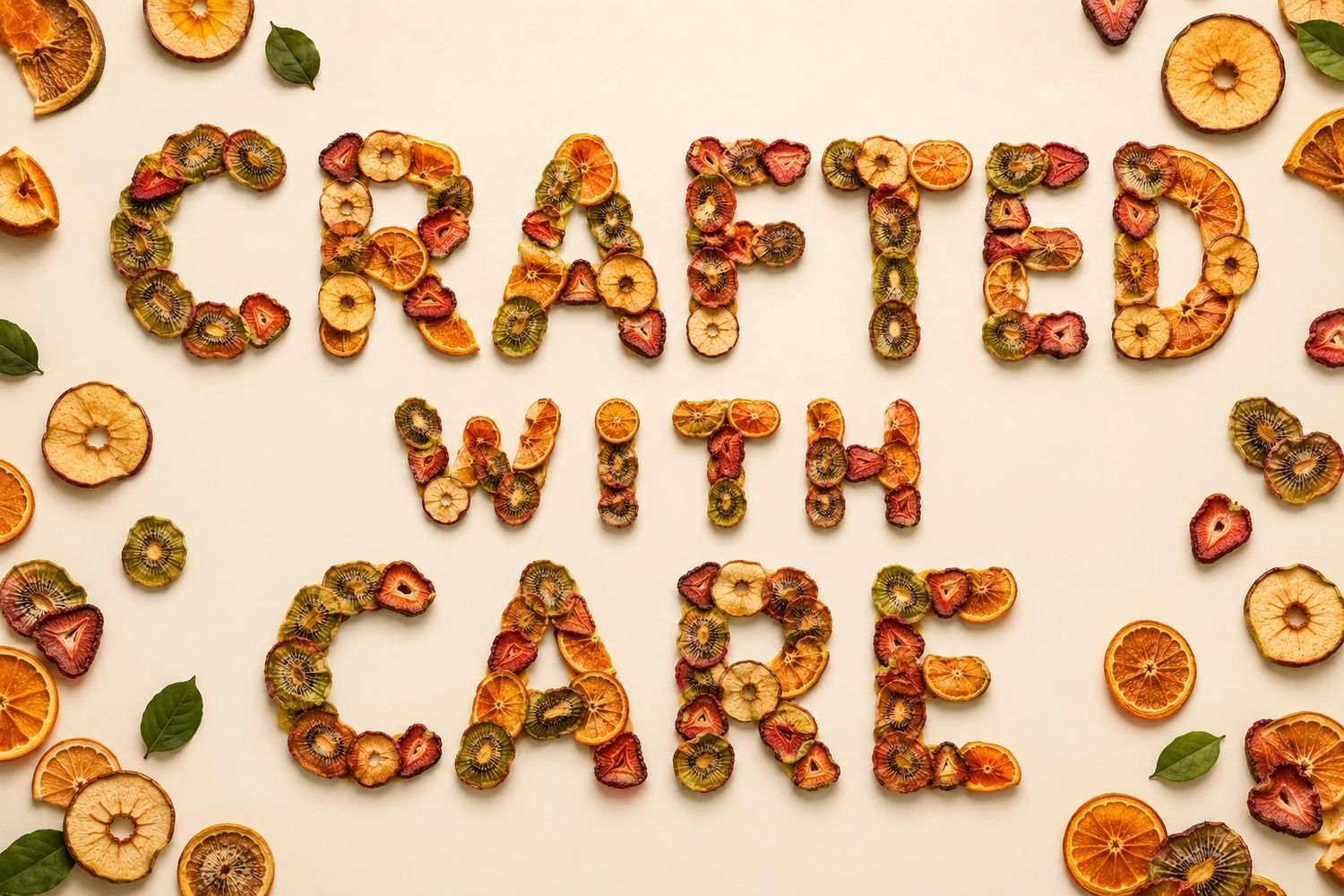 The phrase 'Crafted with Care' spelled out using dried fruit slices.