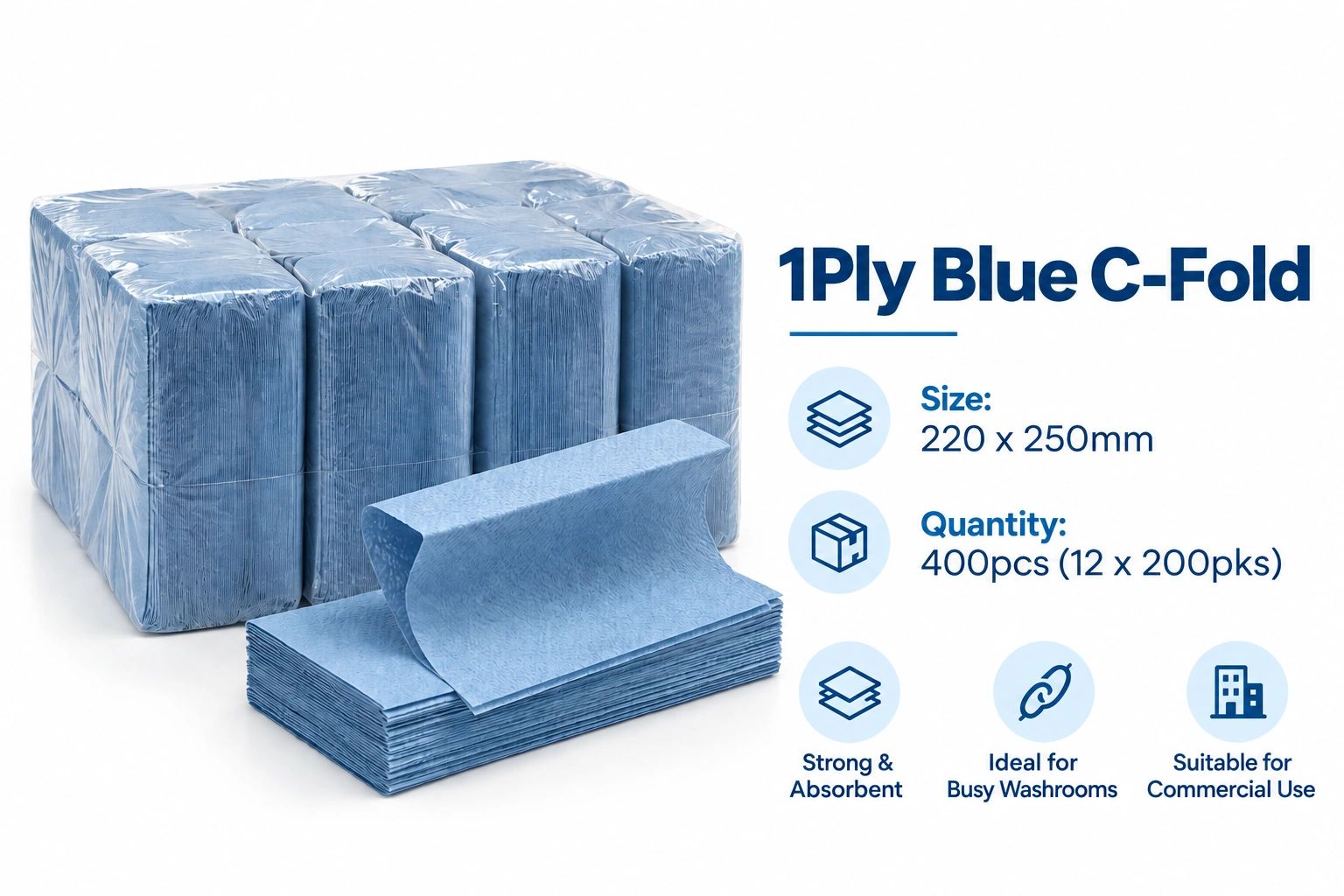 Blue 1-ply C-fold paper towels, strong and absorbent.