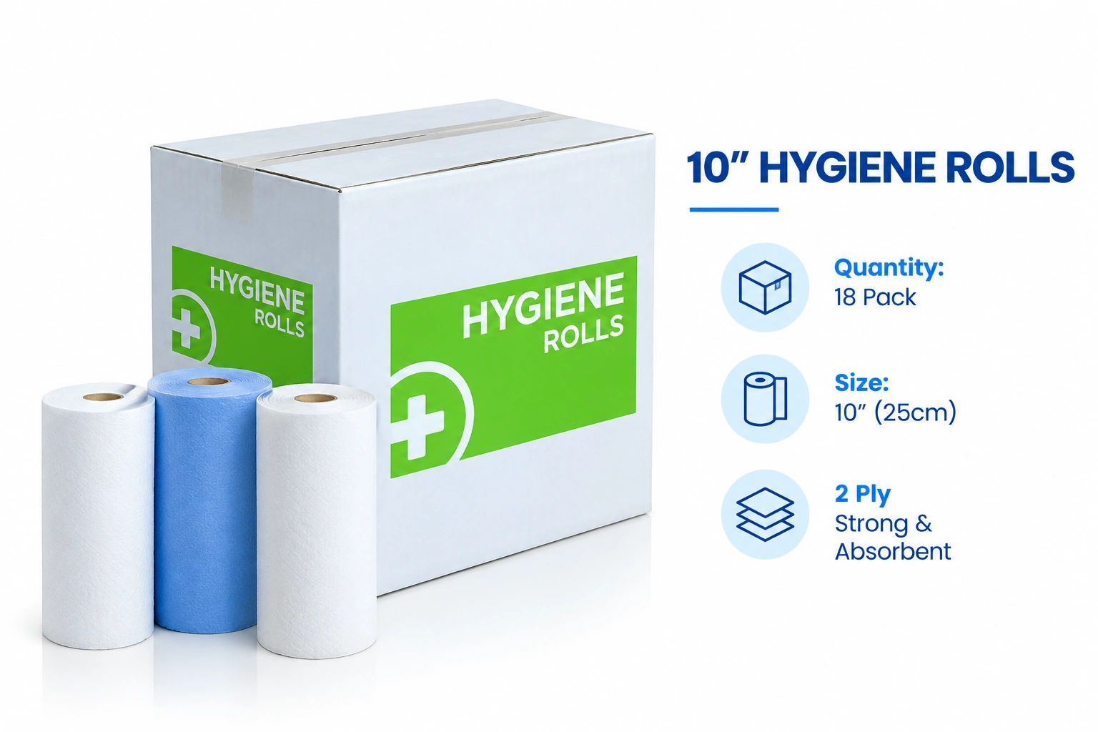 Box of 10" hygiene rolls, 18 pack, strong 2-ply.