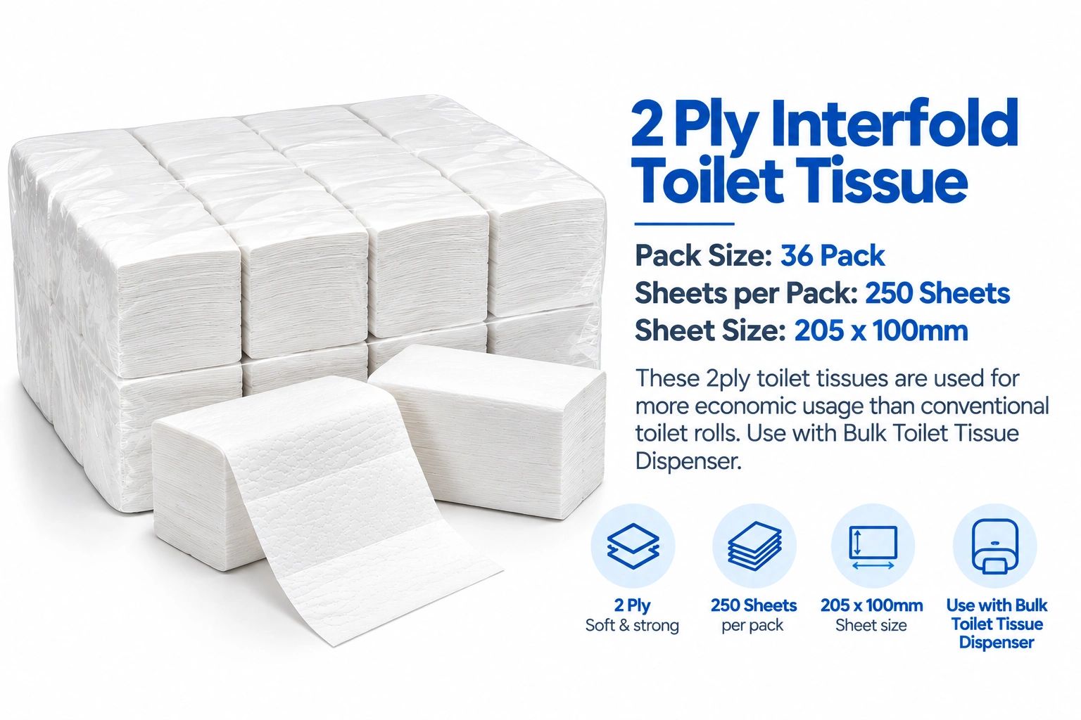 Bundle of 2-ply interfold toilet tissue with 36 packs.