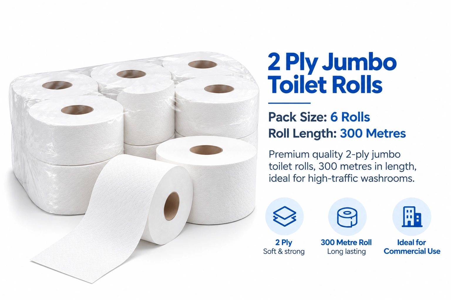 Pack of 6 jumbo 2-ply toilet rolls, 300 meters each.
