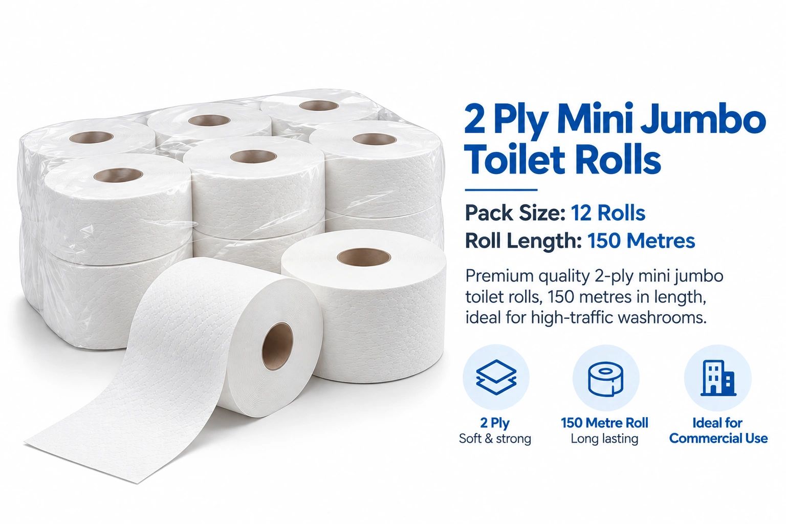 2 Ply Mini Jumbo Toilet Rolls, 12 pack, 150 metres each.