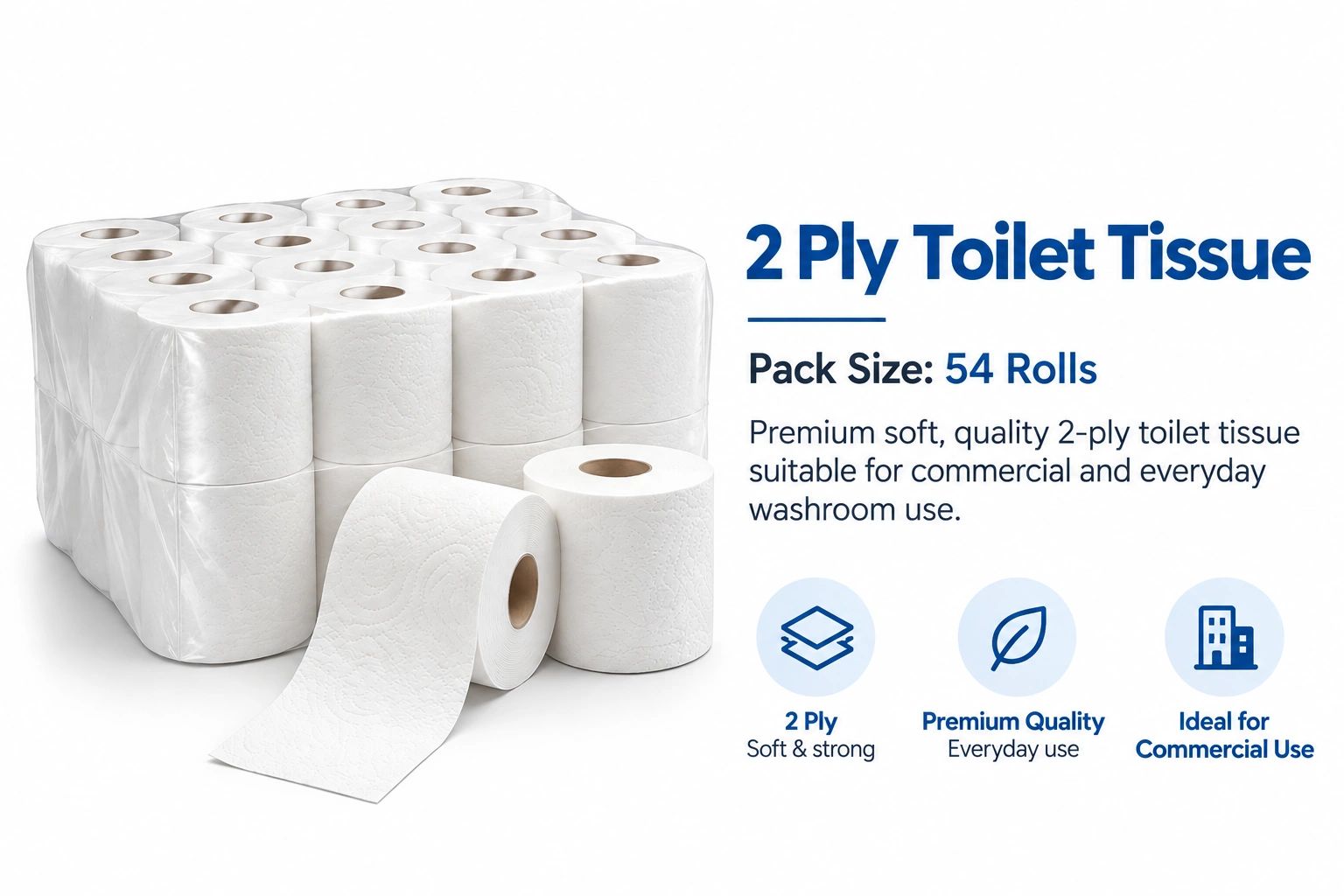 Pack of 54 rolls of 2-ply toilet tissue.