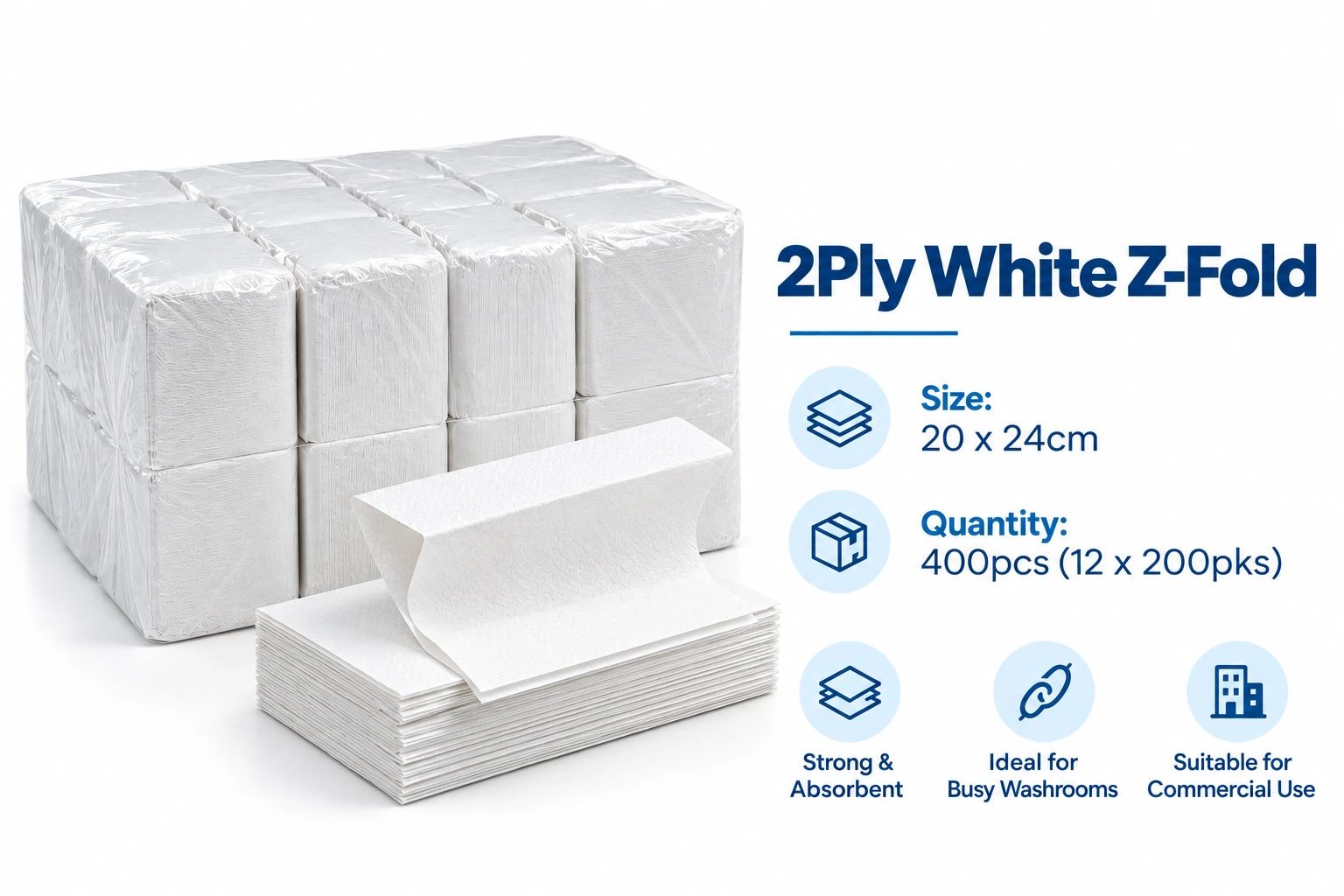 2-ply white Z-fold paper towels in bulk packaging.
