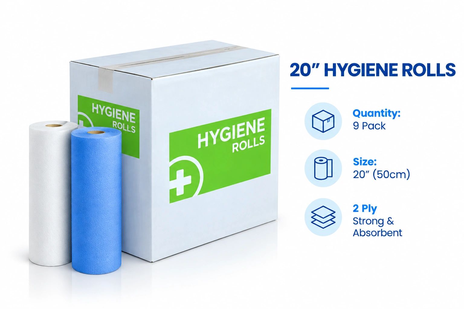 Box of 20-inch hygiene rolls, 9 pack, 2-ply strong and absorbent.