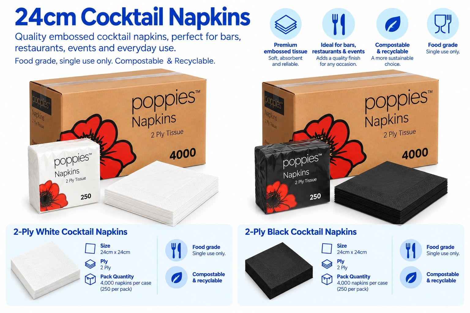 24cm cocktail napkins available in white and black, 2-ply, compostable and food grade.