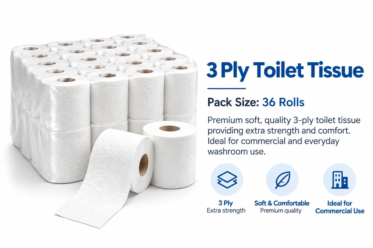 36 rolls of 3-ply toilet tissue, soft and strong.