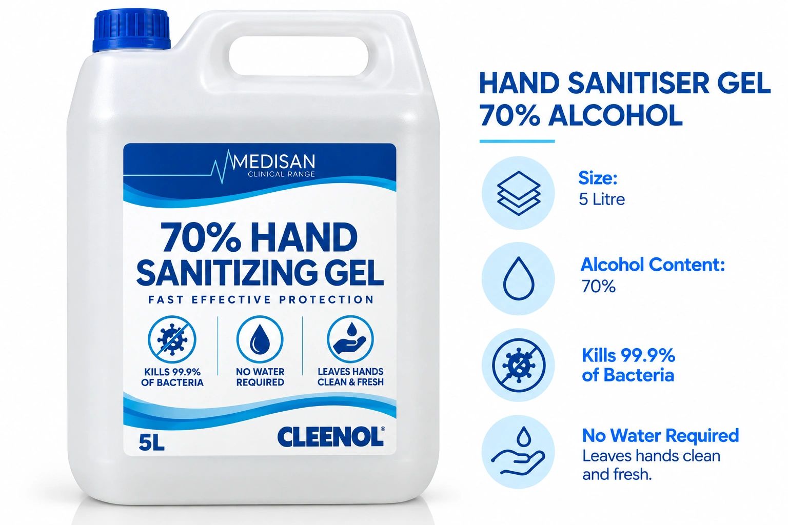 5L hand sanitizing gel with 70% alcohol kills 99.9% bacteria.