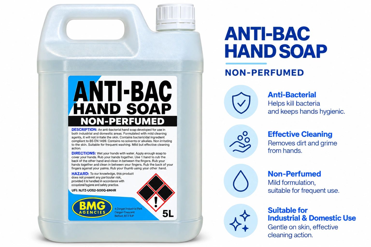 5-liter non-perfumed anti-bacterial hand soap container.