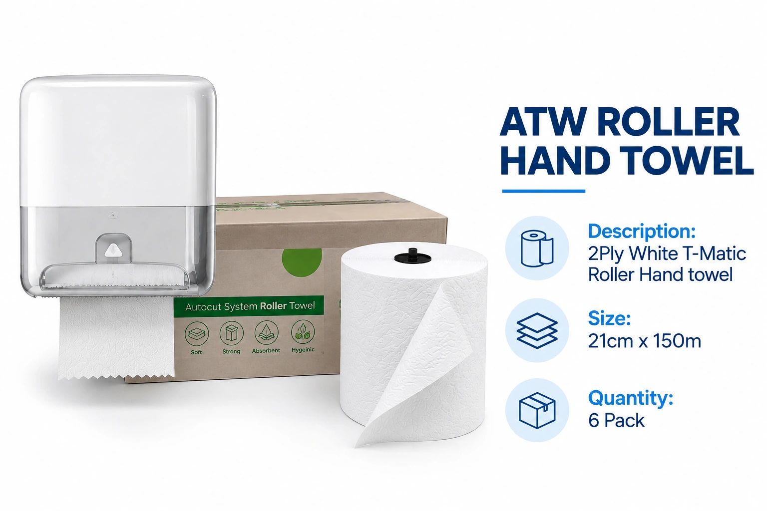 ATW roller hand towel with dispenser and packaging.