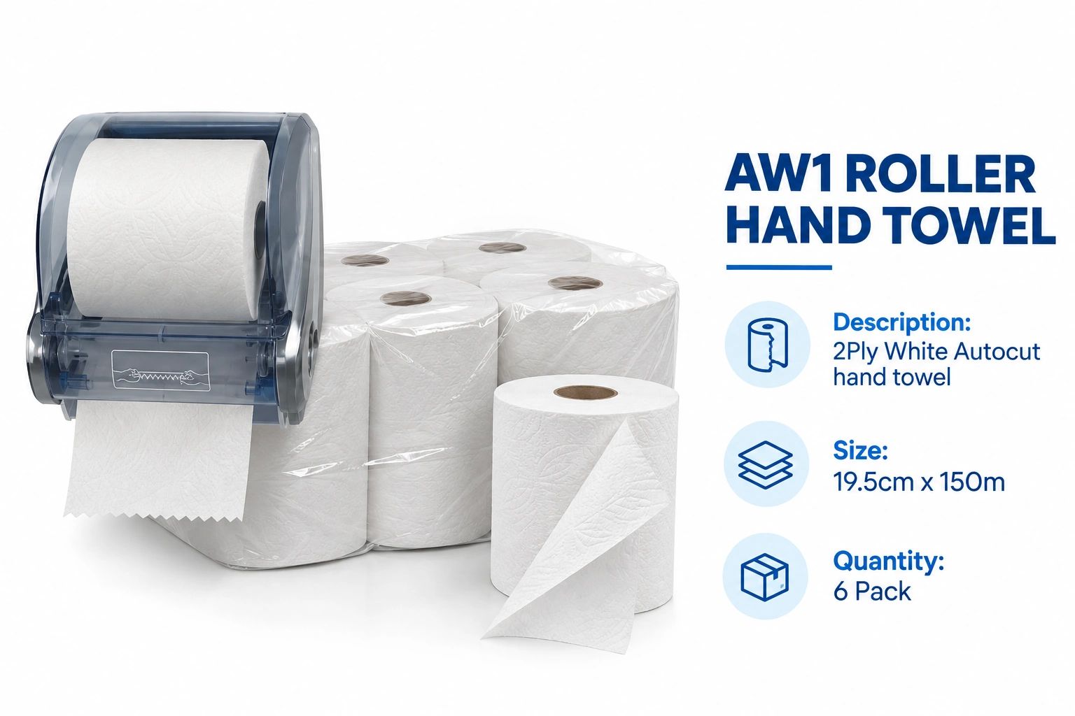 AW1 roller hand towel pack with dispenser and six rolls.