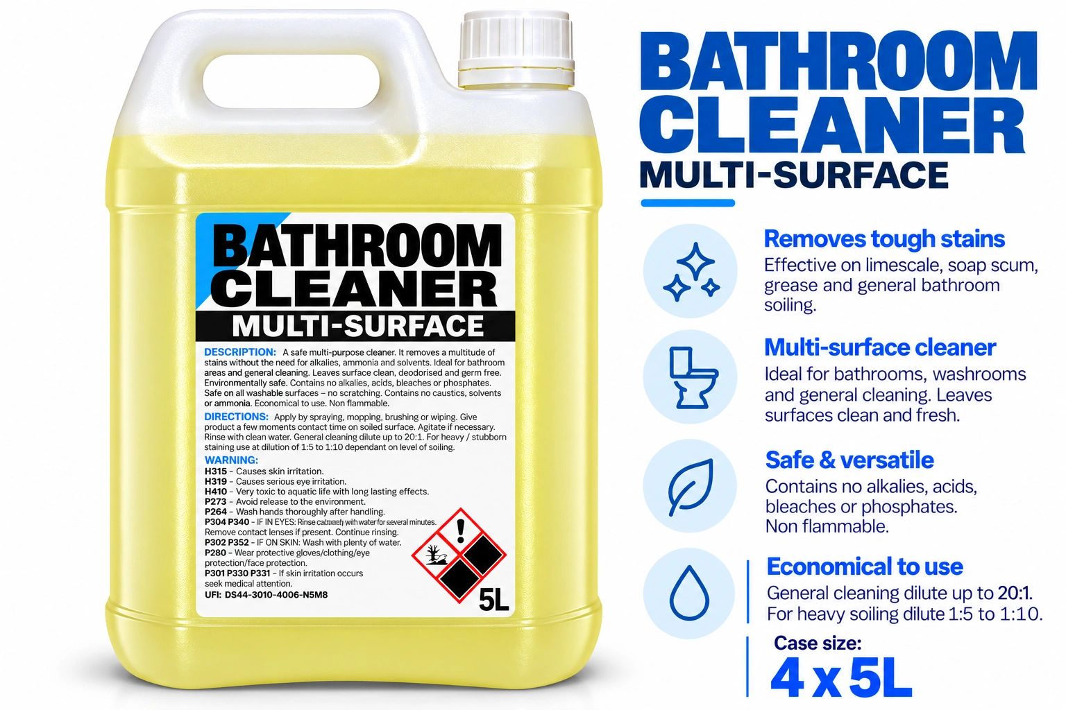 5-liter container of multi-surface bathroom cleaner with usage instructions.