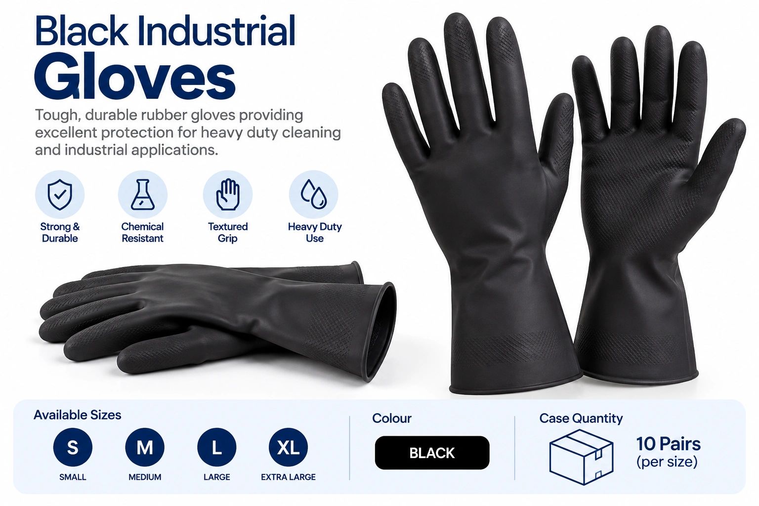 Black industrial rubber gloves with textured grip for heavy duty use.