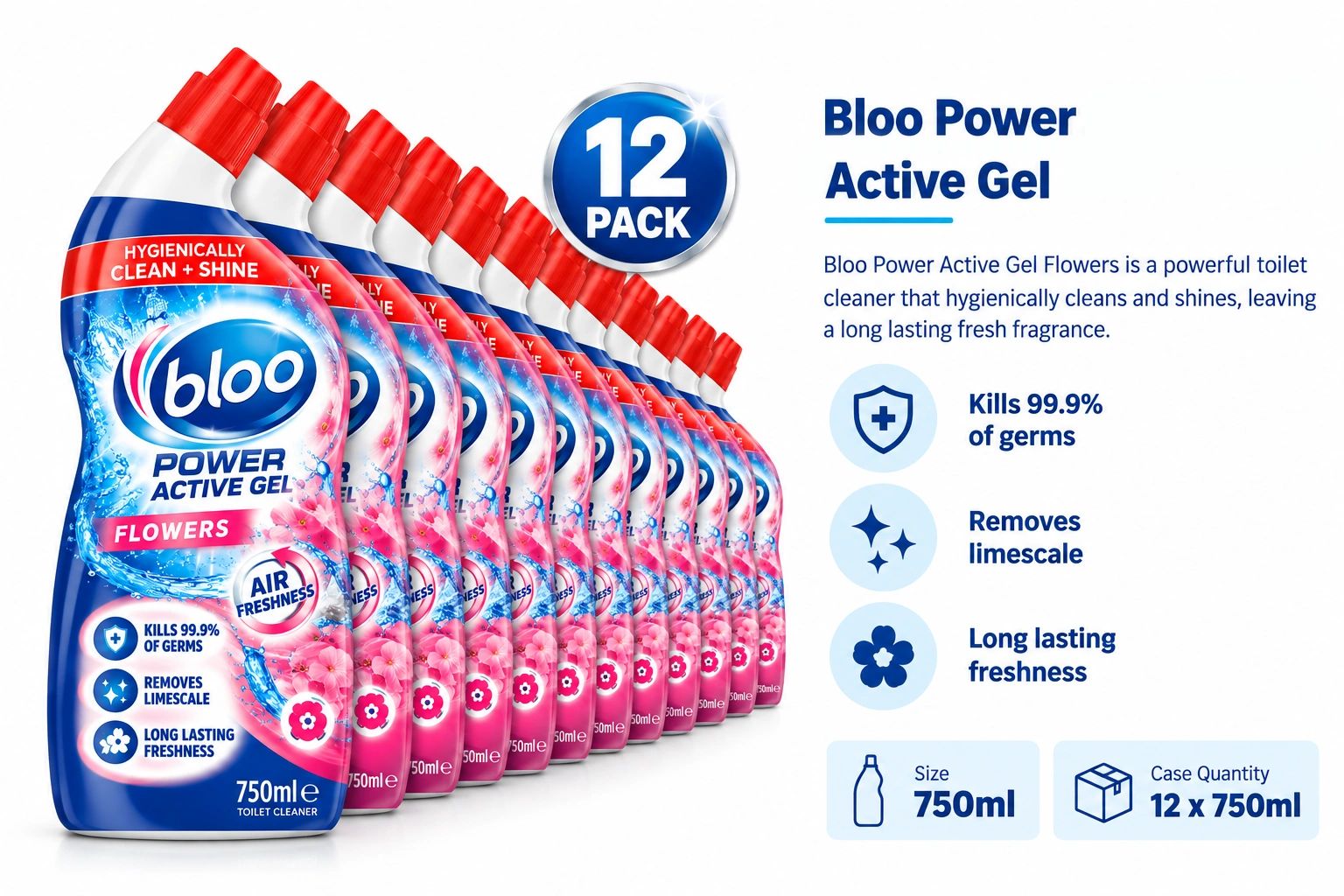 Bloo Power Active Gel Flowers toilet cleaner pack of 12 bottles.
