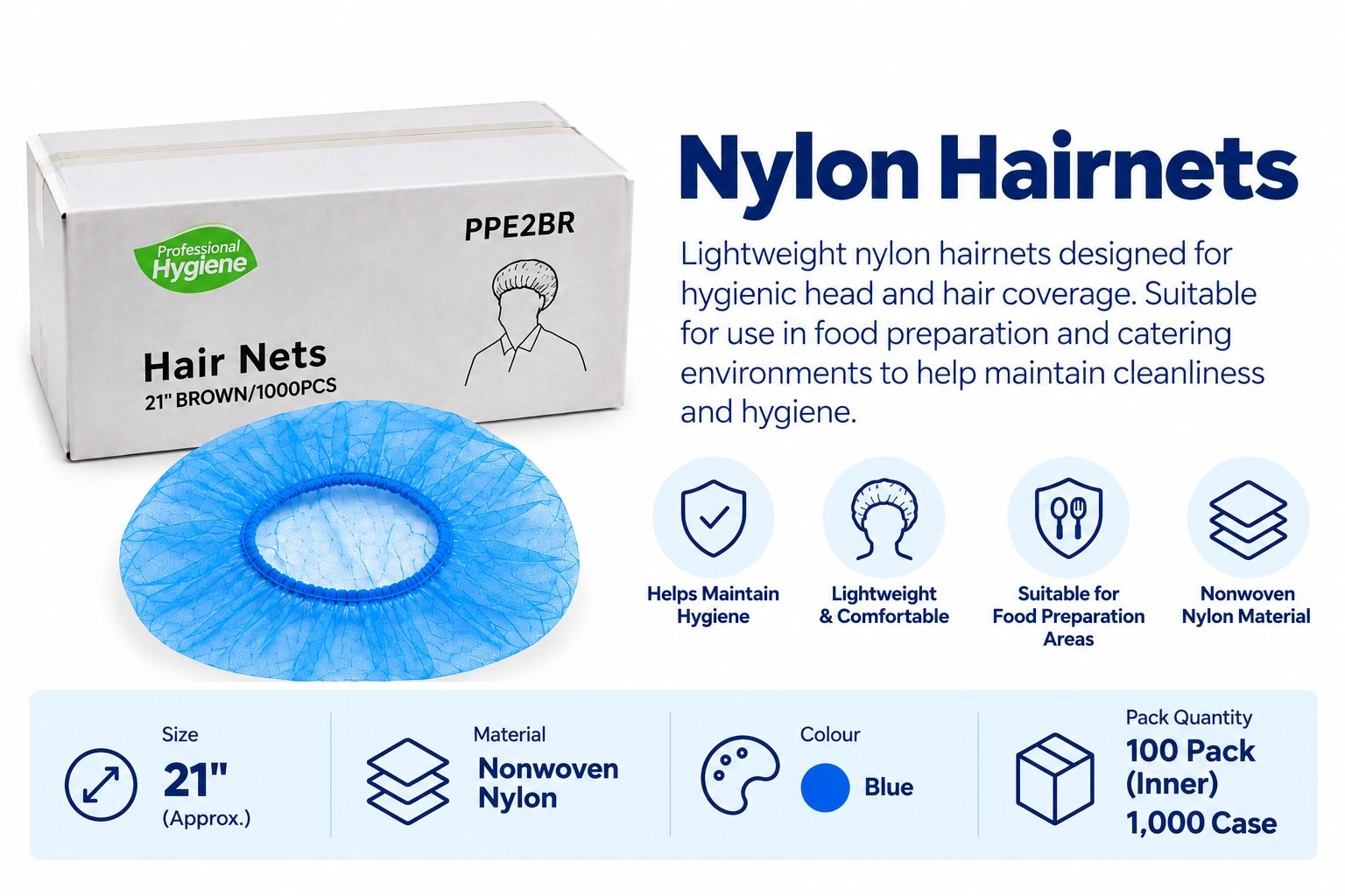 Blue nylon hairnet with packaging showing usage details.