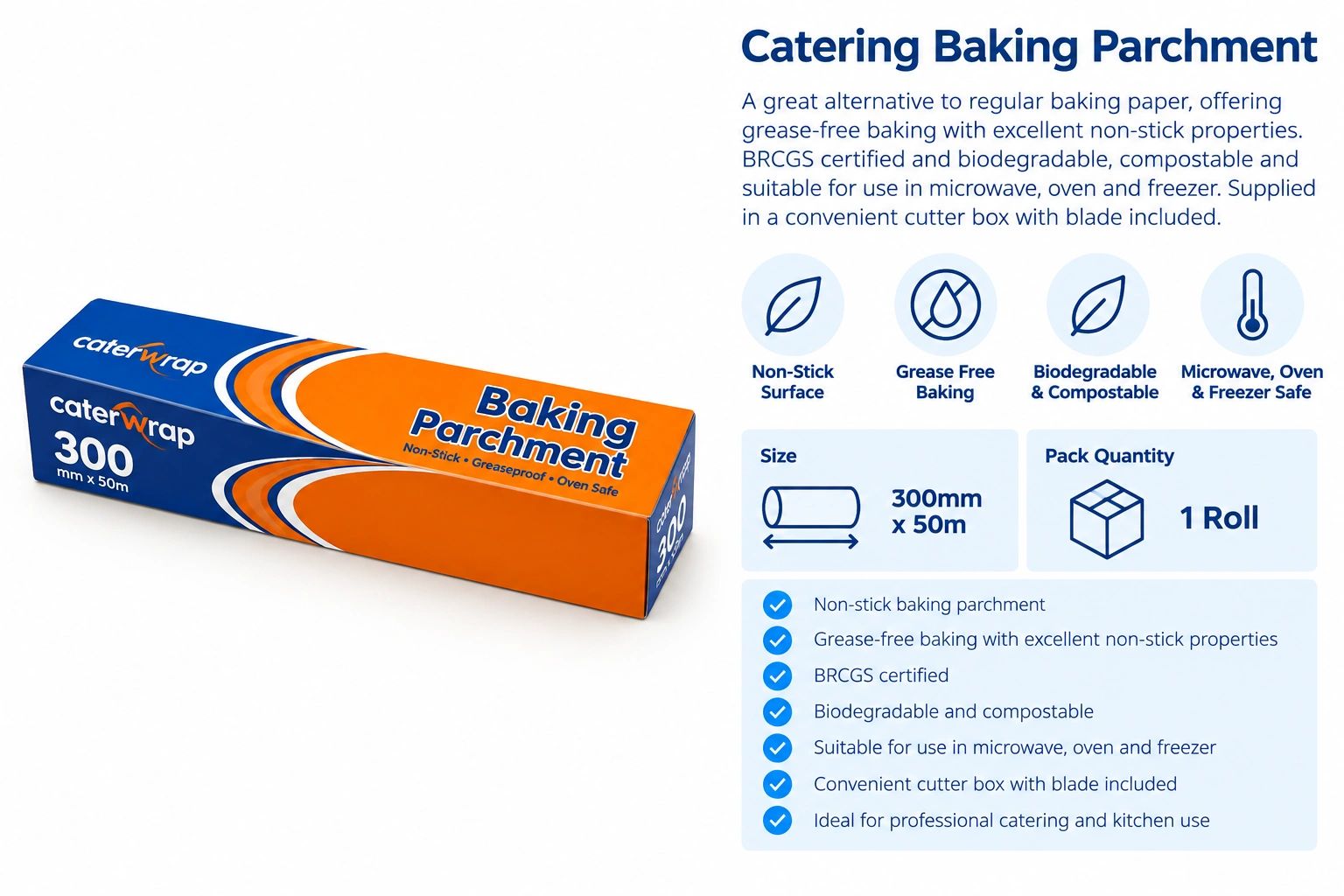 Box of catering baking parchment with non-stick and biodegradable properties.