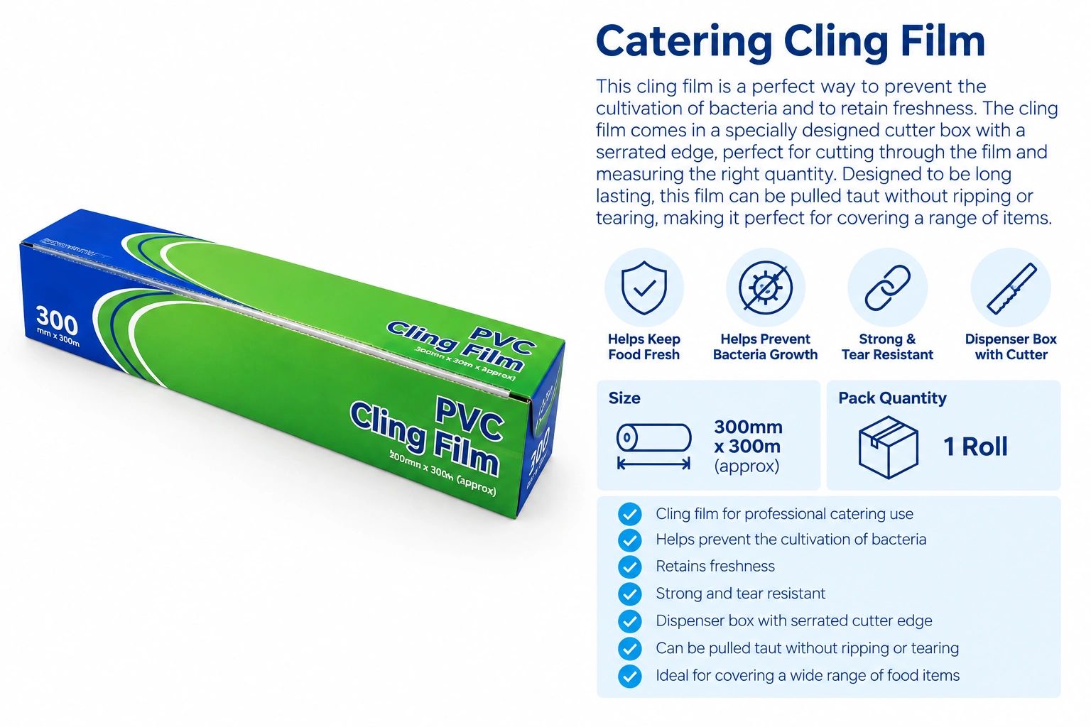 Box of PVC cling film for catering with serrated cutter.