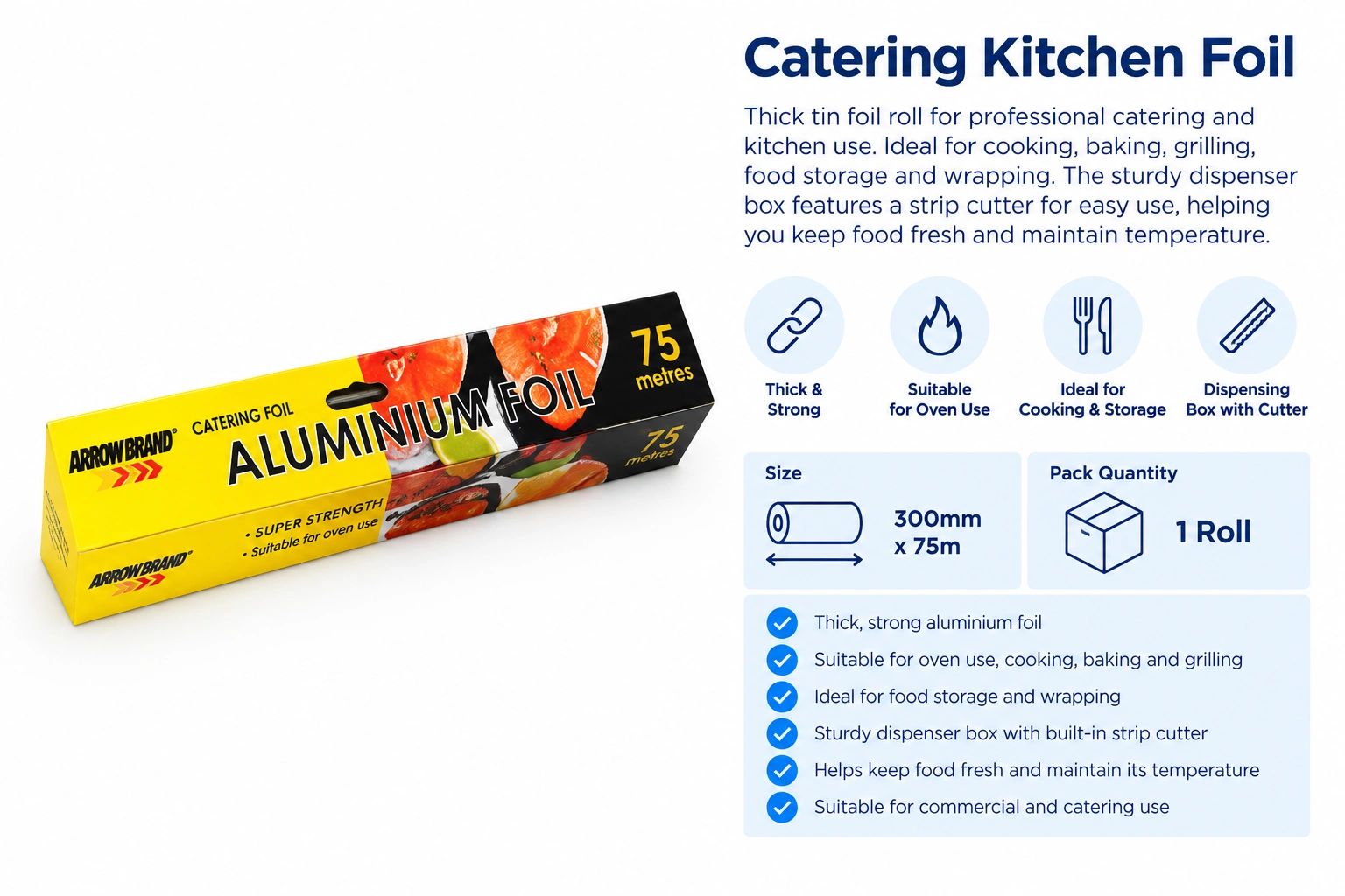 Thick aluminium foil roll for catering with dispenser box and cutter.