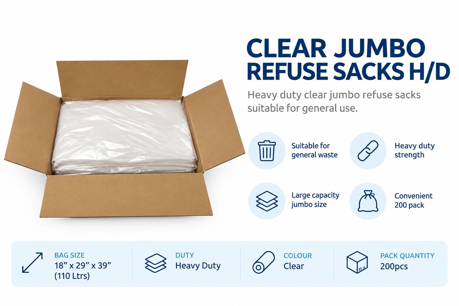 Box of clear jumbo refuse sacks for general waste use.
