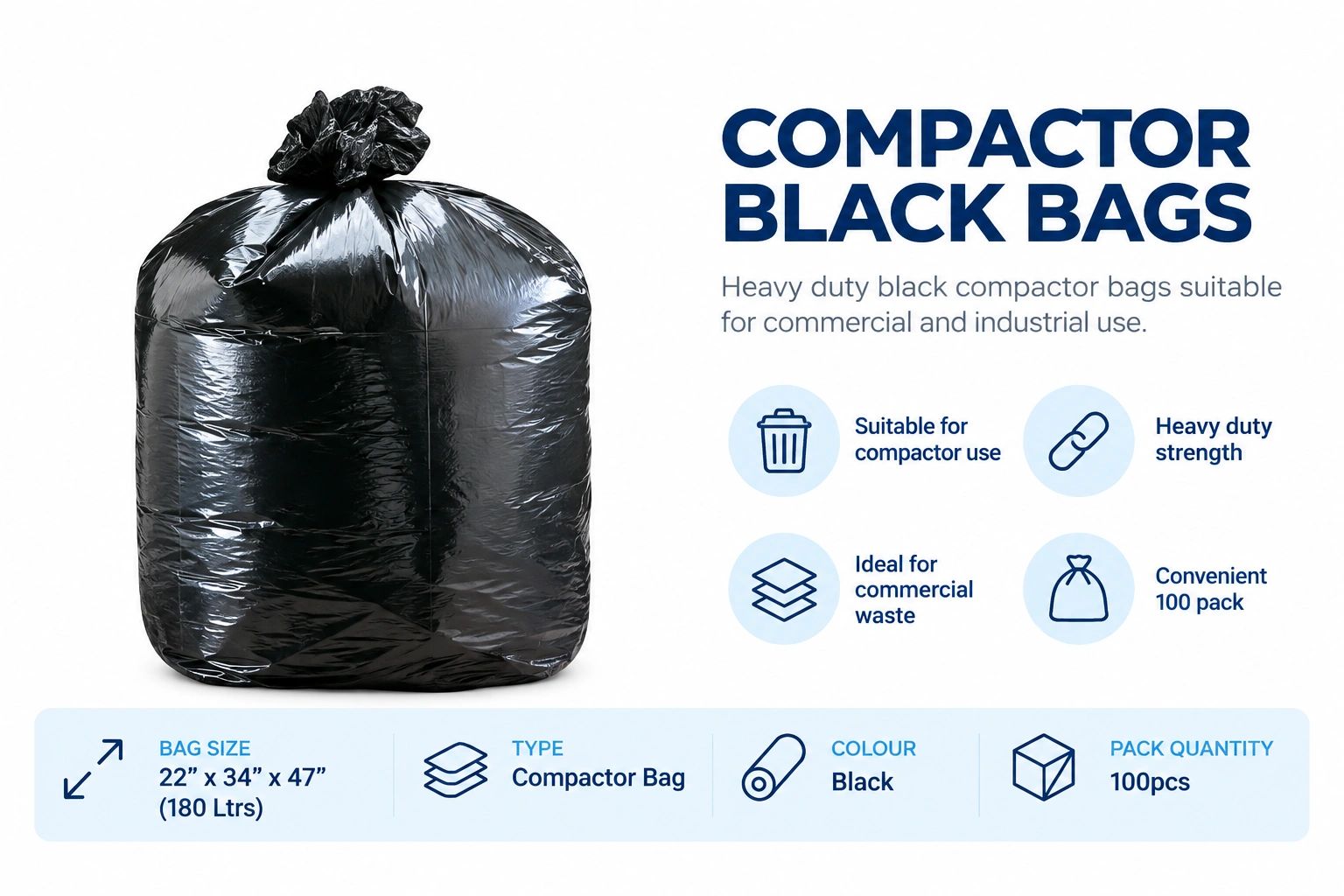 Heavy duty black compactor bags for commercial use.