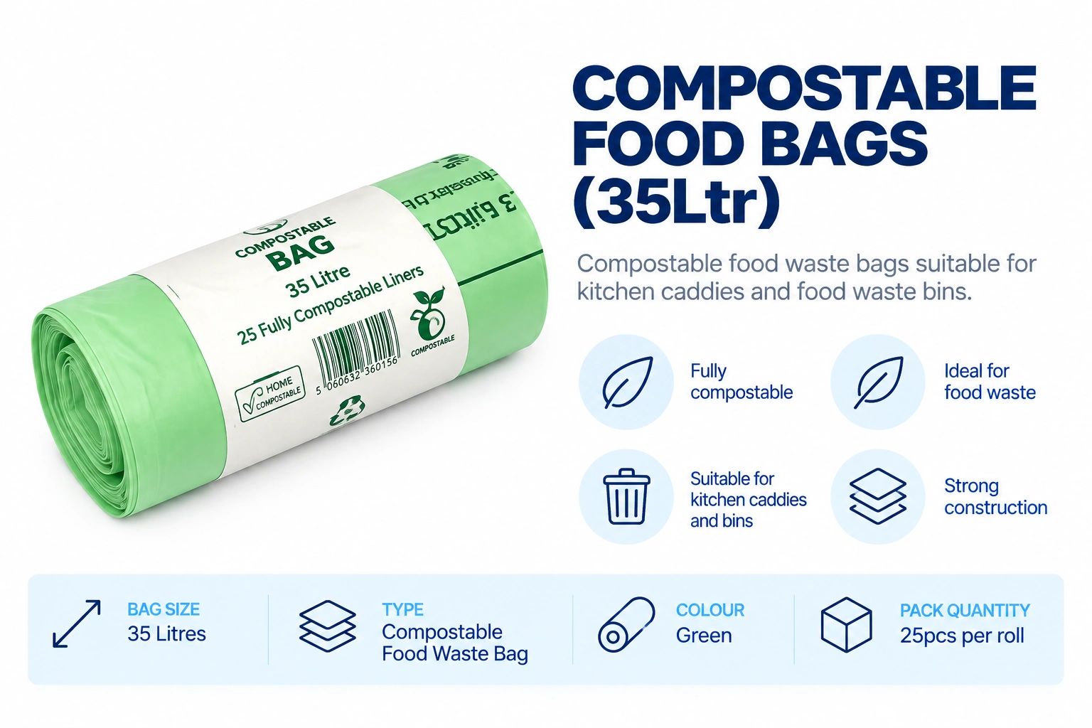 Green compostable food bags, 35 litres, 25 bags per roll.
