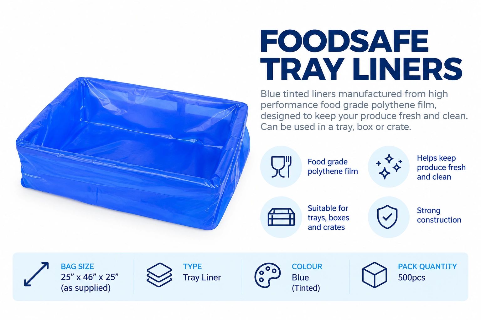 Blue food-safe tray liner made from food grade polythene film.