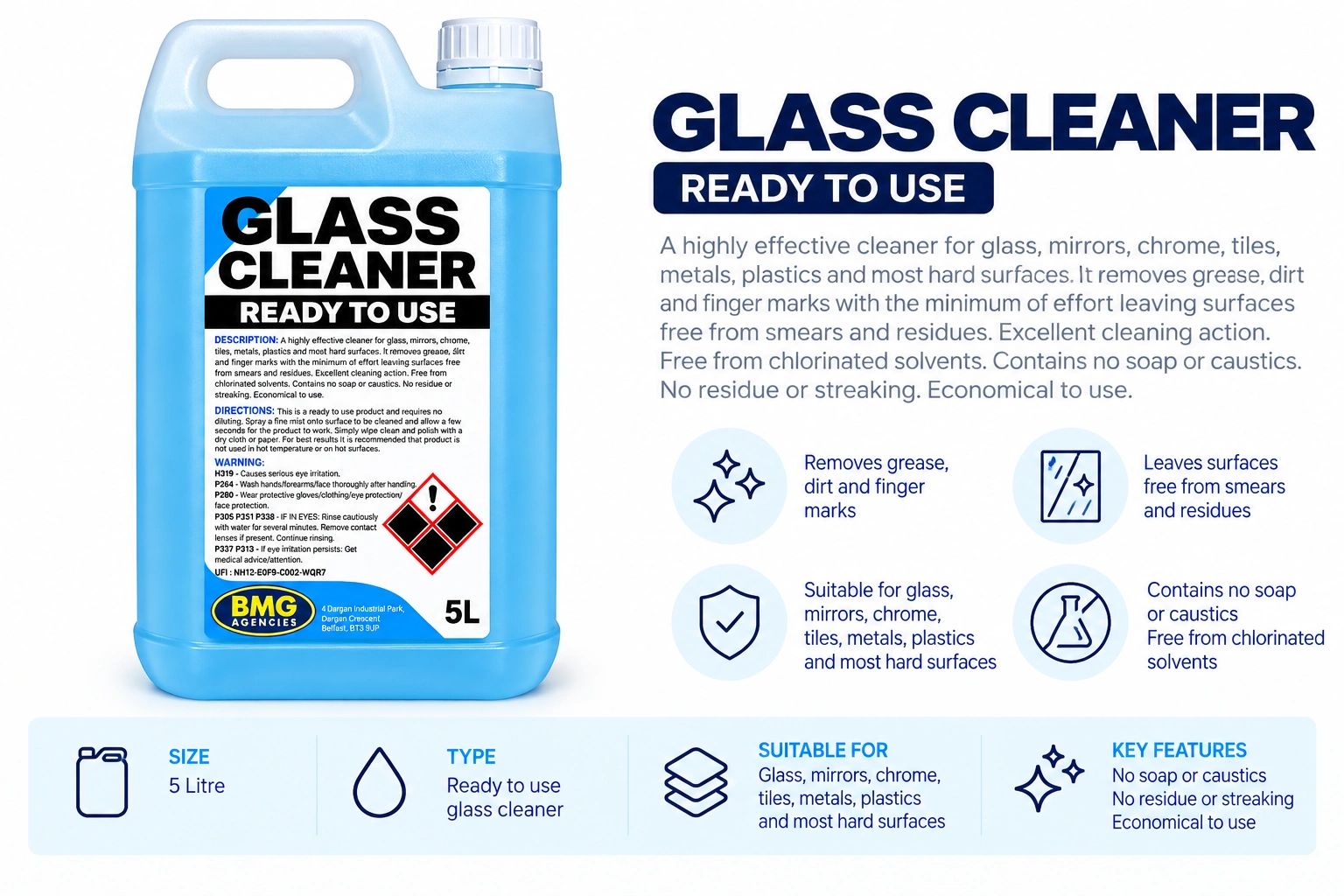 5L ready-to-use glass cleaner for various surfaces.