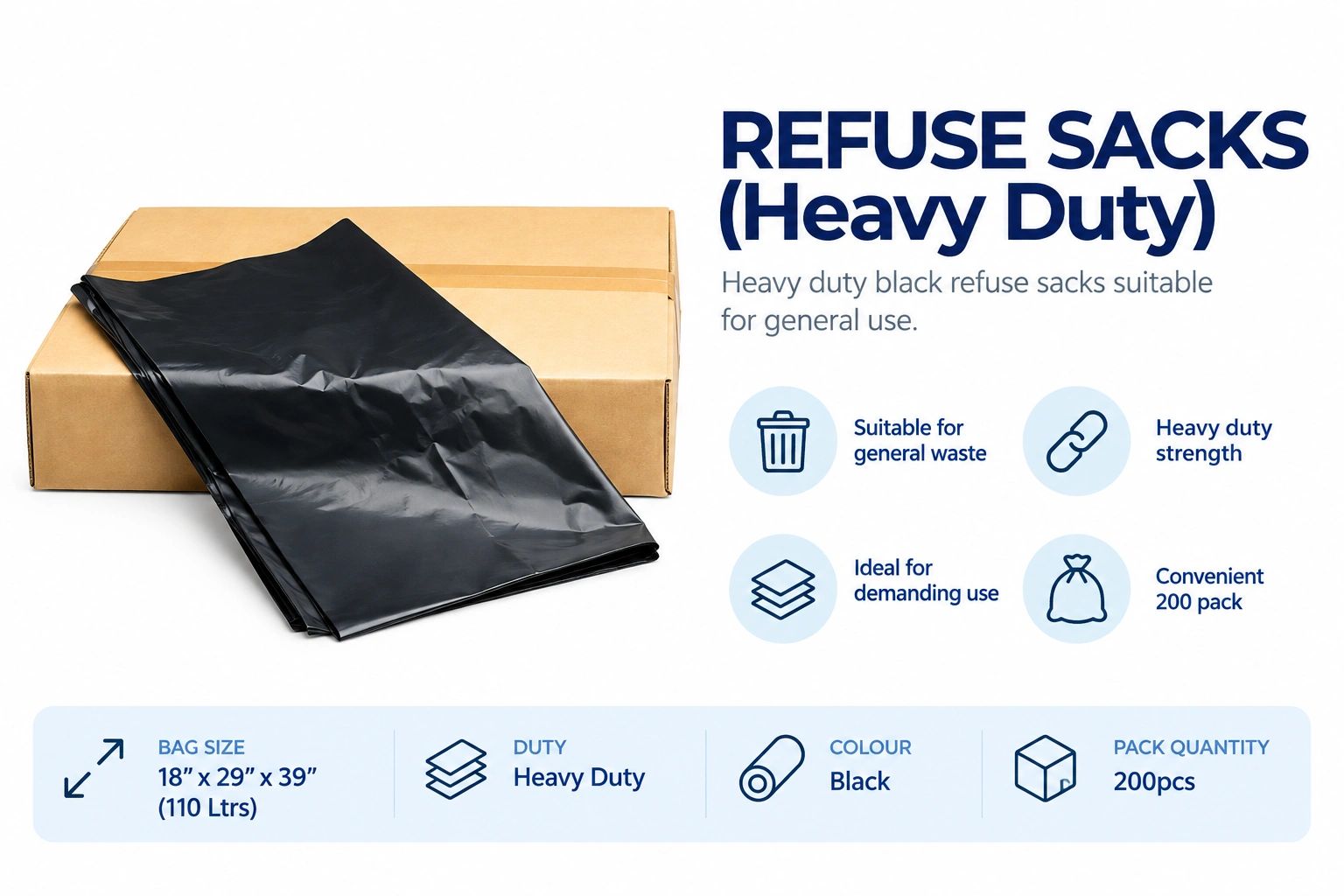 Heavy duty black refuse sacks with 200-pack.