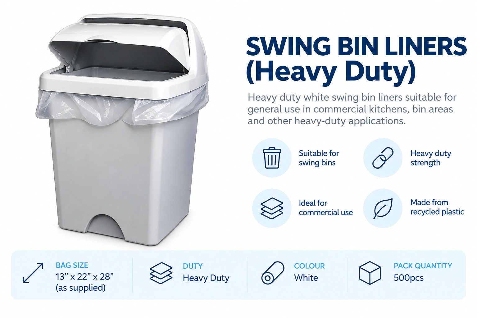 Heavy duty white swing bin liners for commercial use.