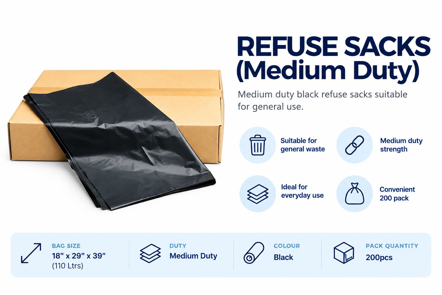 Medium duty black refuse sacks suitable for general use in a 200 pack.