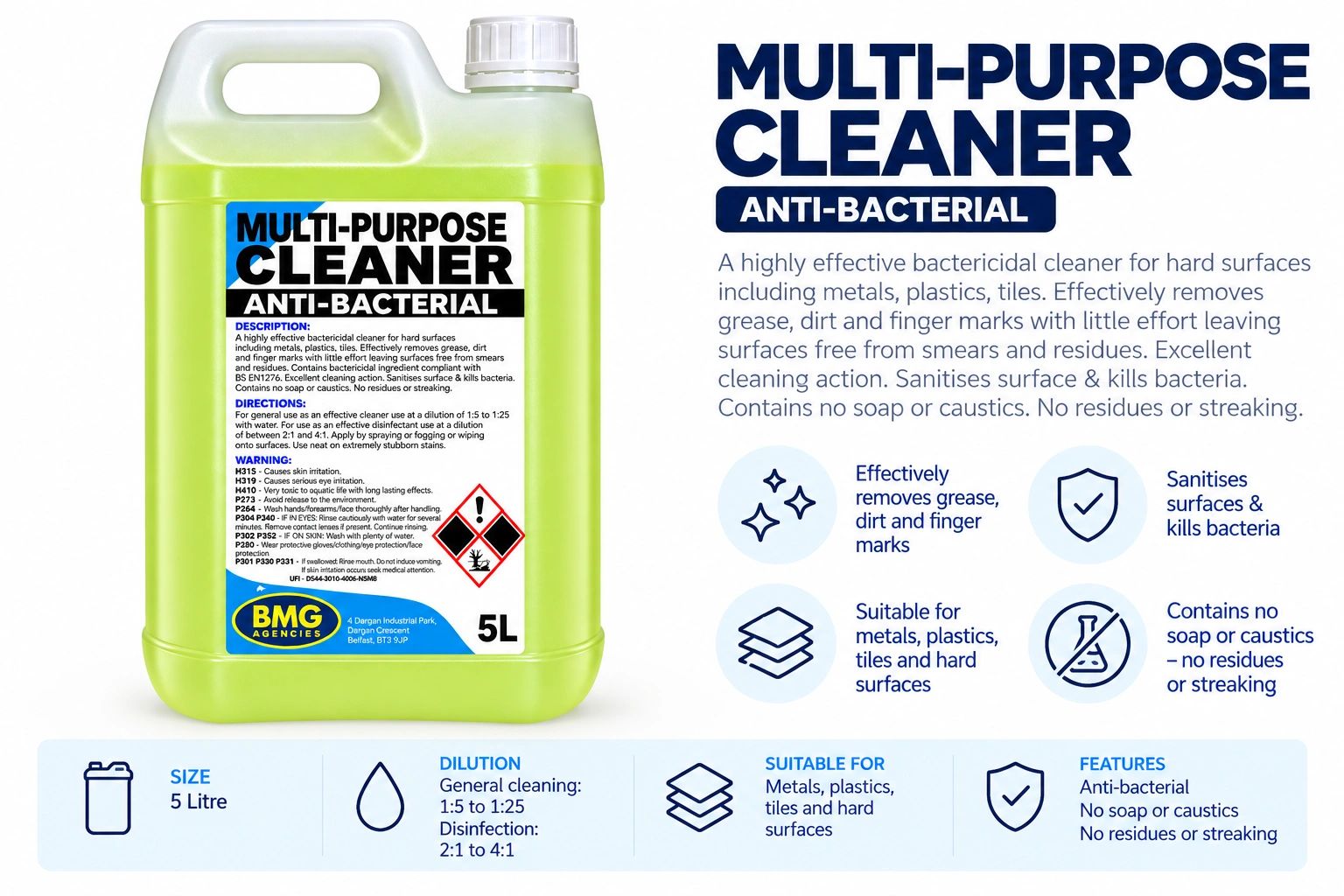 5L multi-purpose antibacterial cleaner for tough surfaces.