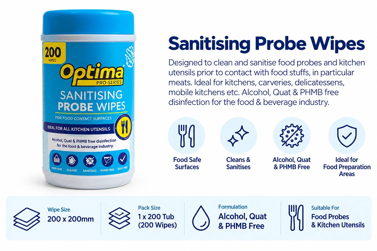 Optima sanitising probe wipes for food and kitchen utensil safety.