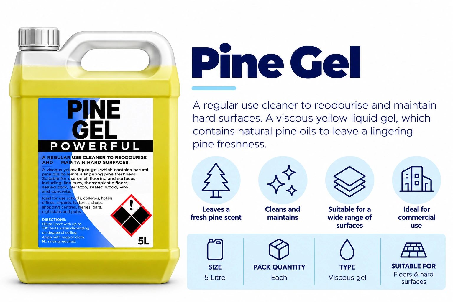 Pine Gel powerful cleaner with fresh pine scent in 5L container.
