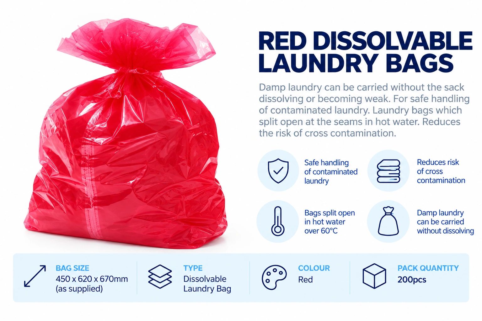 Red dissolvable laundry bag for safe handling of contaminated laundry.