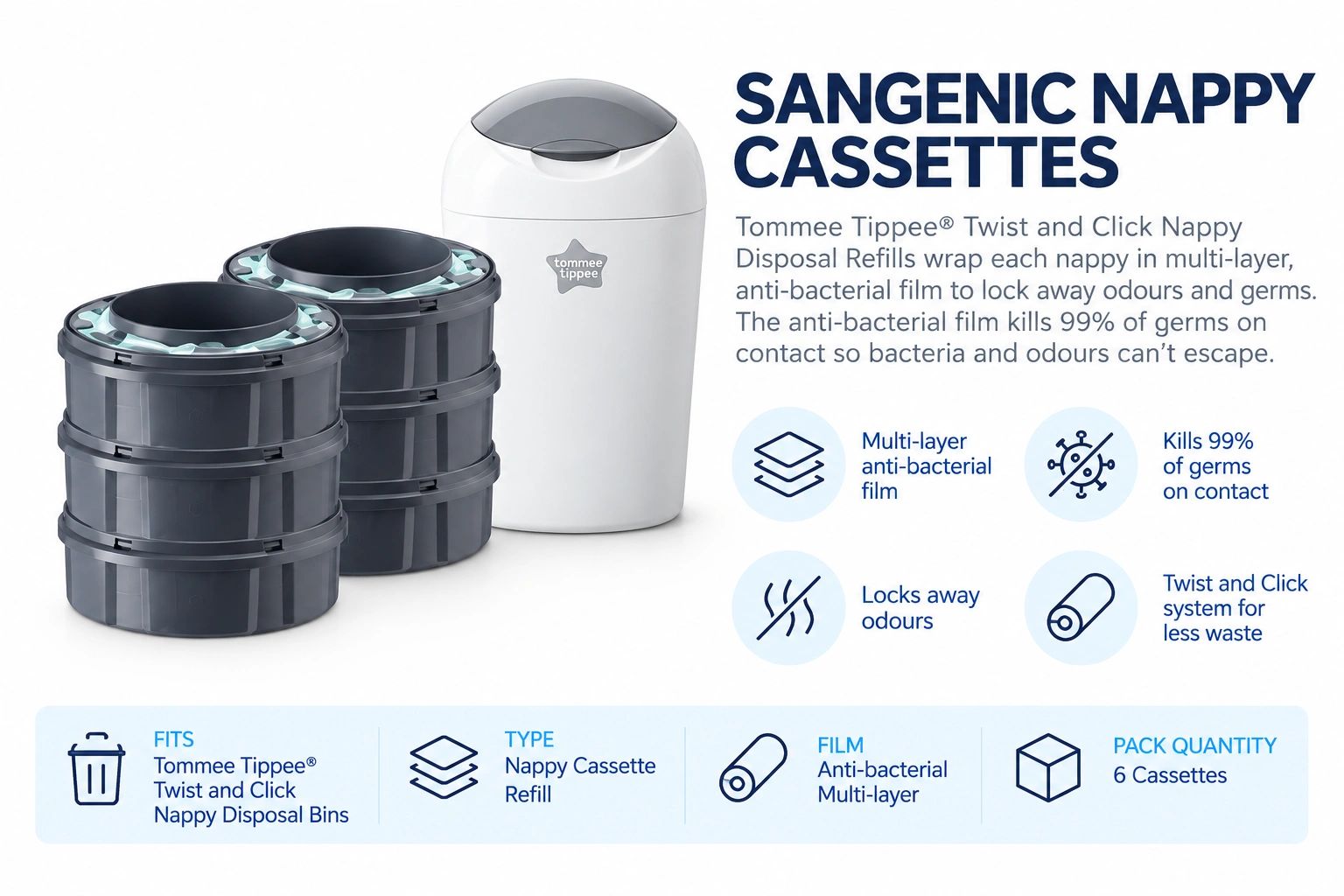 Tommee Tippee Sangenic nappy cassettes with anti-bacterial film for odor and germ control.