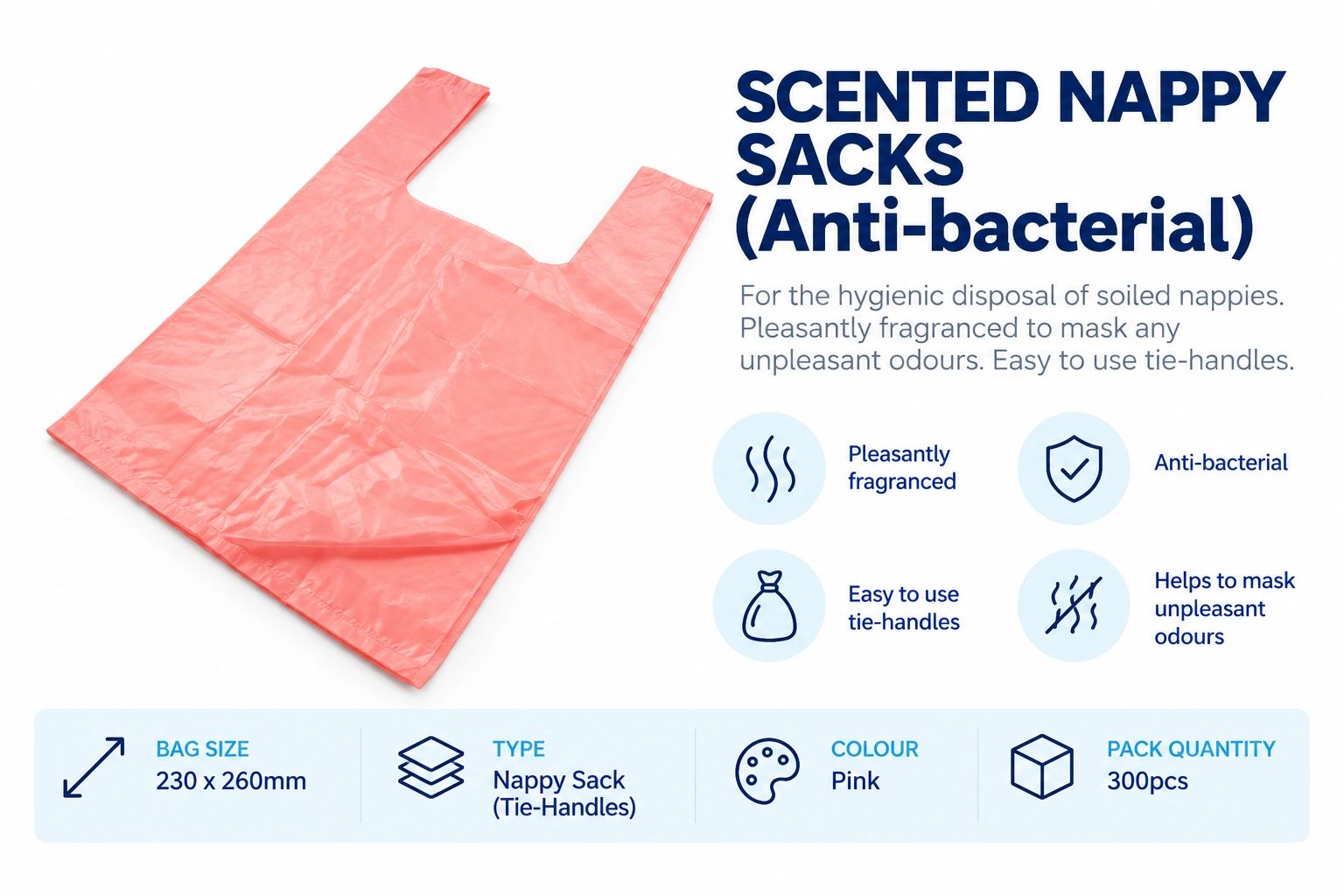 Pink scented nappy sacks with anti-bacterial properties for hygienic disposal.