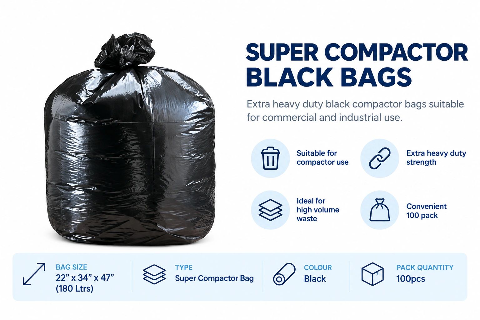 Extra heavy duty black super compactor bag for commercial use.