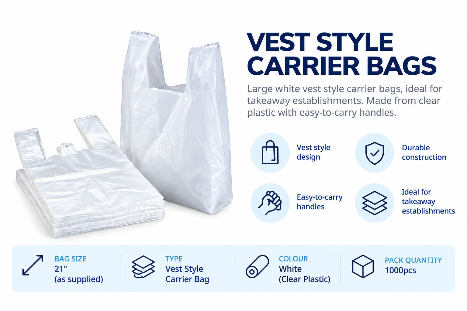 Large white vest style carrier bags for takeaway use.