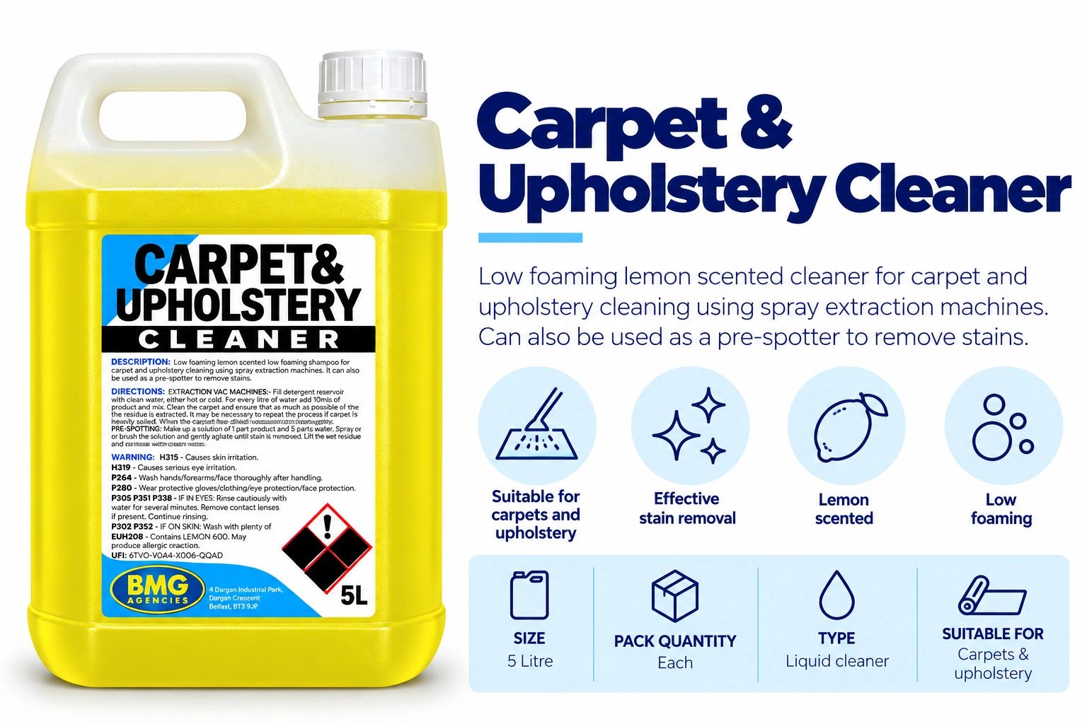 5L lemon scented carpet and upholstery cleaner.