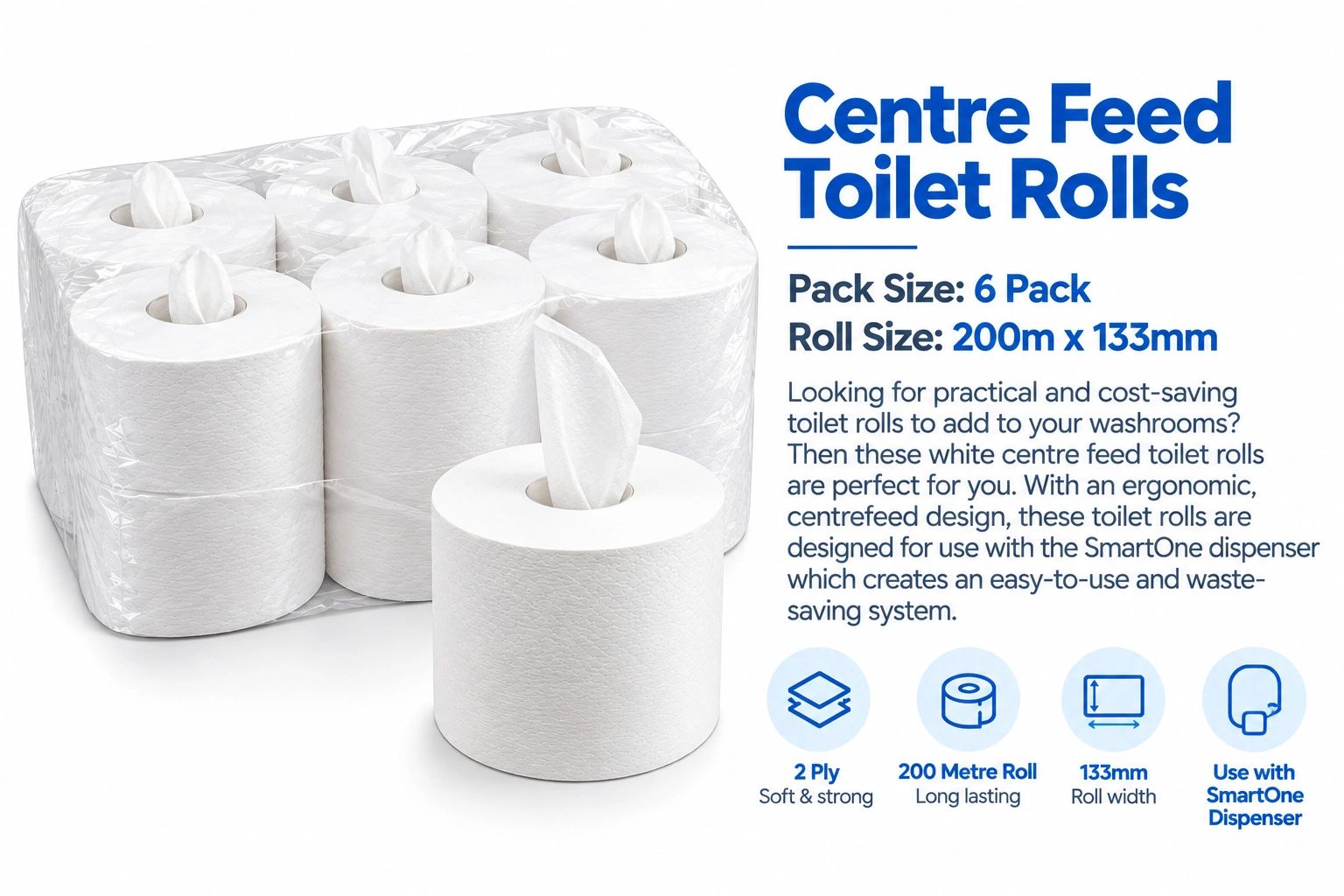 Centre feed toilet rolls pack of 6, 200m x 133mm, compatible with SmartOne dispenser.