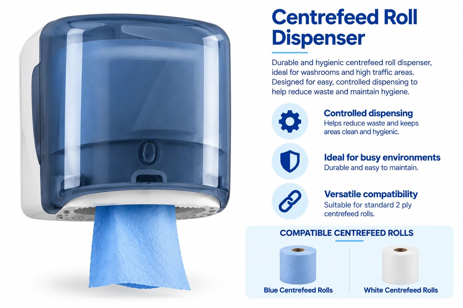 Centrefeed roll dispenser for hygienic and controlled paper dispensing.
