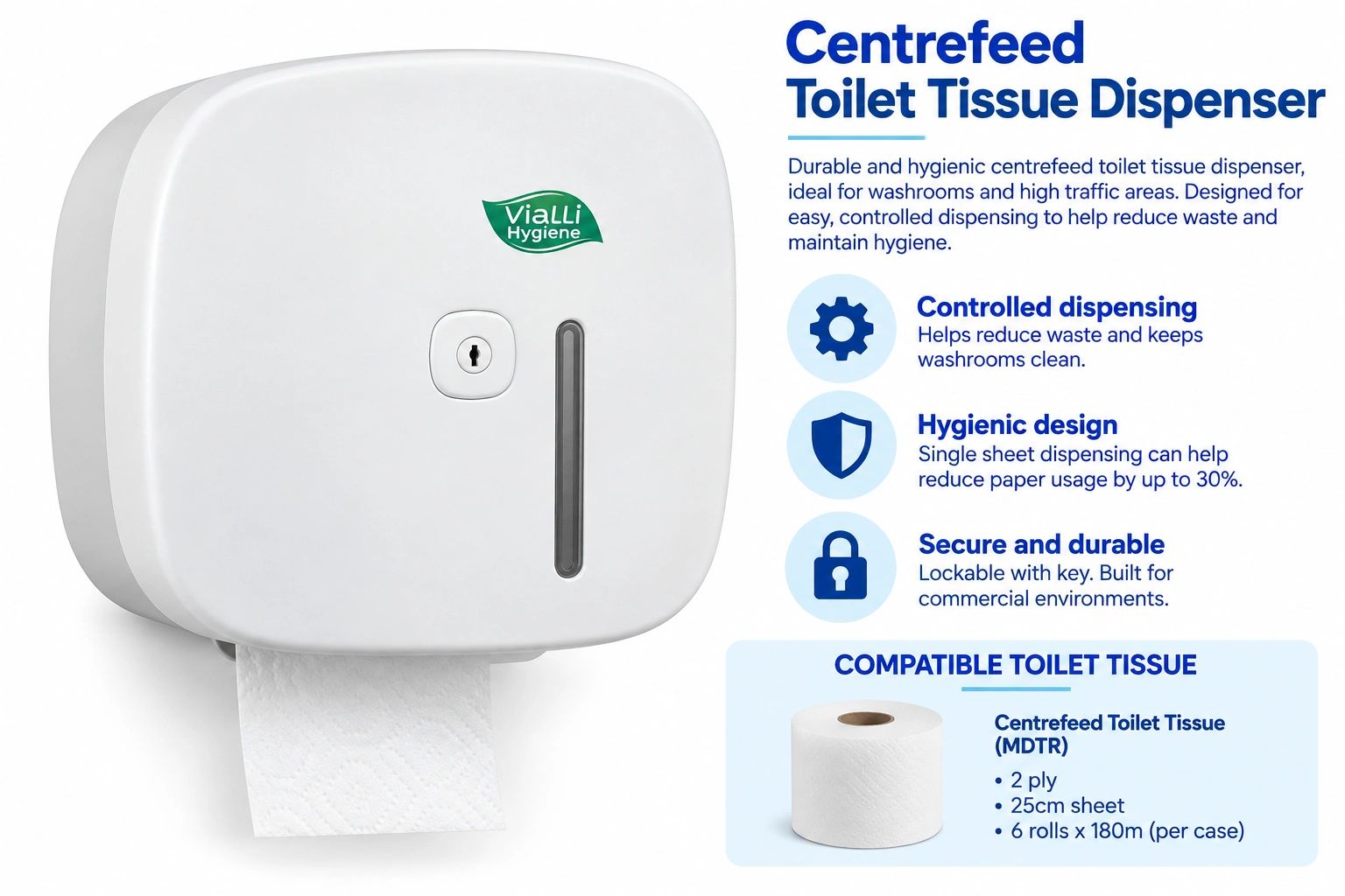 Centrefeed toilet tissue dispenser designed for durability and hygiene with controlled dispensing.