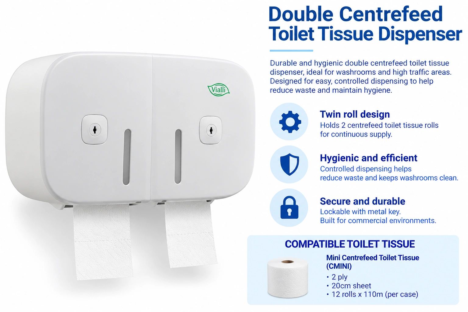 Double centrefeed toilet tissue dispenser with twin roll design and lockable feature.