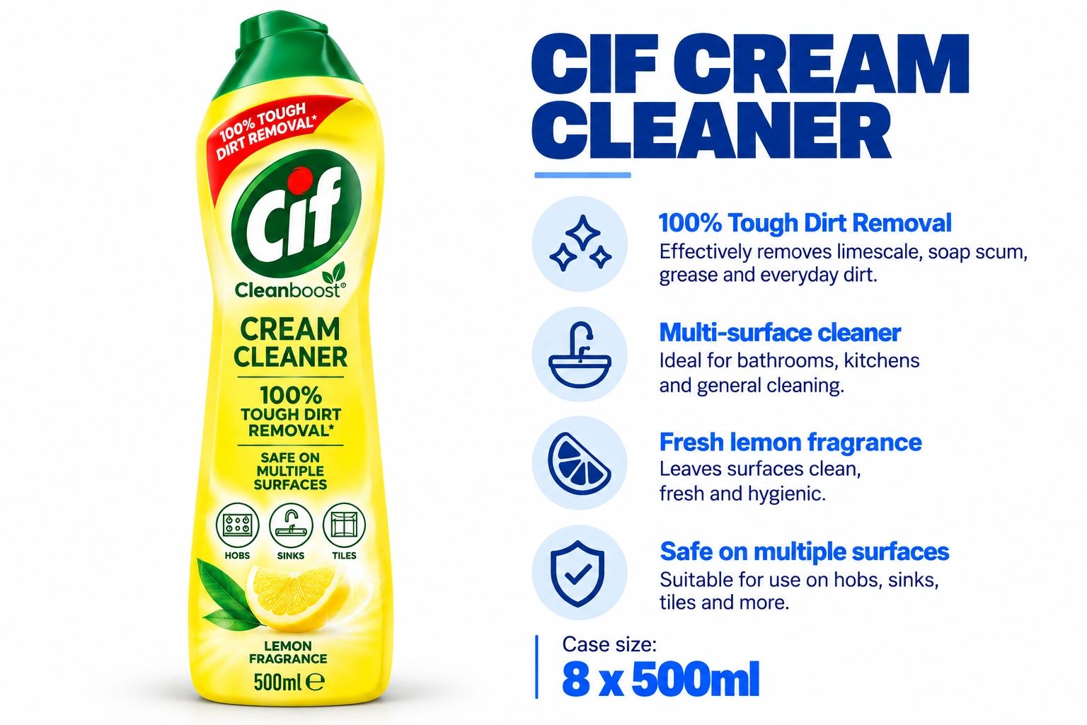 Cif Cream Cleaner with 100% tough dirt removal and lemon fragrance.