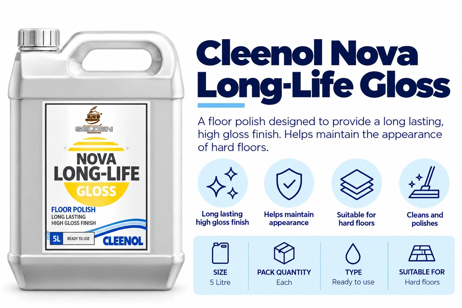 Cleenol Nova Long-Life Gloss floor polish 5L.