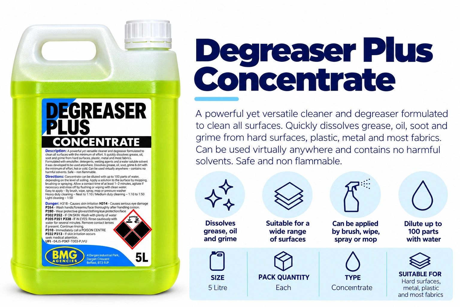 Degreaser Plus Concentrate cleaner bottle with usage details.