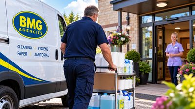 Janitorial worker delivering supplies to a facility.